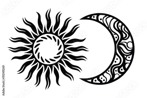 Smiling sun and moon face celestial design shine in this monochrome illustration perfectly