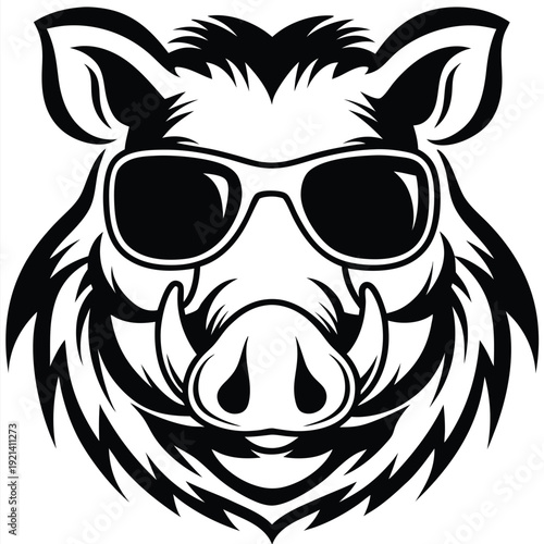 Boar head shows style and attitude with sunglasses in a black and white vector