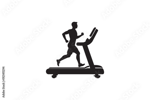 Male athlete silhouette running on treadmill for cardio workout training and physical fitness development isolated on plain white clean background