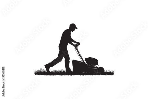 Man mowing lawn vector silhouette icon design for gardening service or landscaping company isolated on white background