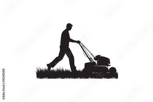 Minimalist silhouette of man operating lawn mower over long grass on white background depicting professional landscaping service and garden upkeep