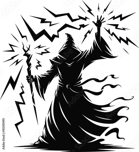 Dark wizard silhouette casting lightning spell, hooded sorcerer with staff, fantasy magic power concept, isolated on white background illustration