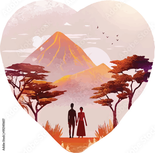 Romantic Couple Silhouette in Heart Shape with Mountain Sunset Landscape Vector Illustration