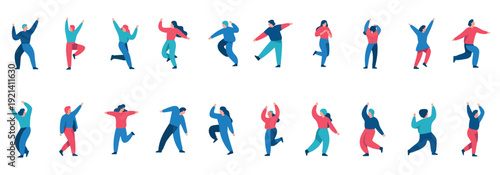 A set of flat-style illustrations depicting various individuals in dynamic poses, appearing to be dancing, jumping, or celebrating with their arms uplifted against a pure white background.