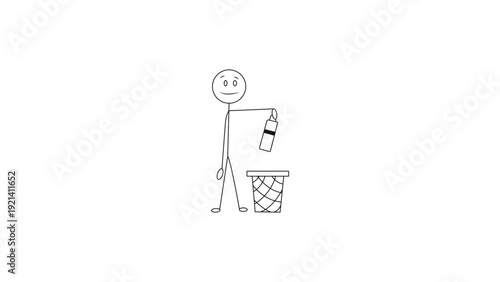 Stick Man Throwing Trash in Bin | Clean Environment Line Drawing Illustration , Stick Figure Disposing Waste Properly | Minimal Line Art Recycling Concept , Stickman Using Dustbin Vector