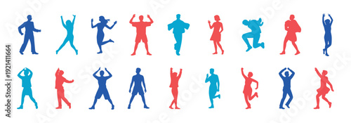 A vibrant set of diverse human silhouettes captured in dynamic poses suggesting dancing, celebration, or energetic movement. The figures are rendered in bright blue, red, and cyan against a white back
