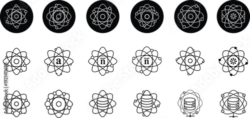 Atomic icons illustration with orbiting electrons, science symbols, database, server, typography letters, technology concept, data visualization, research design, computing artwork