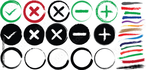 A collection of checkmark and cross icons with various colors and styles
