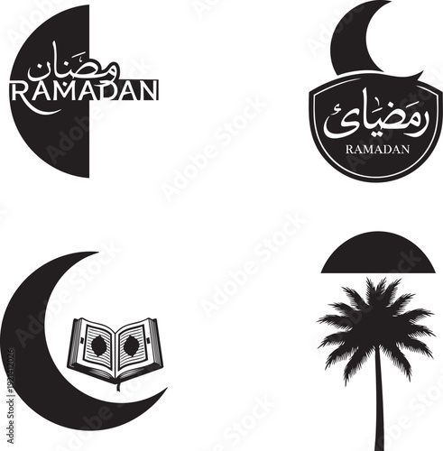 Ramadan Kareem symbols and icons with crescent moon palm tree and book