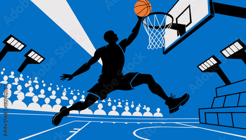 Powerful silhouette of a basketball player performing a slam dunk, capturing peak athletic motion, competitive intensity, and the thrilling atmosphere of championship court action.