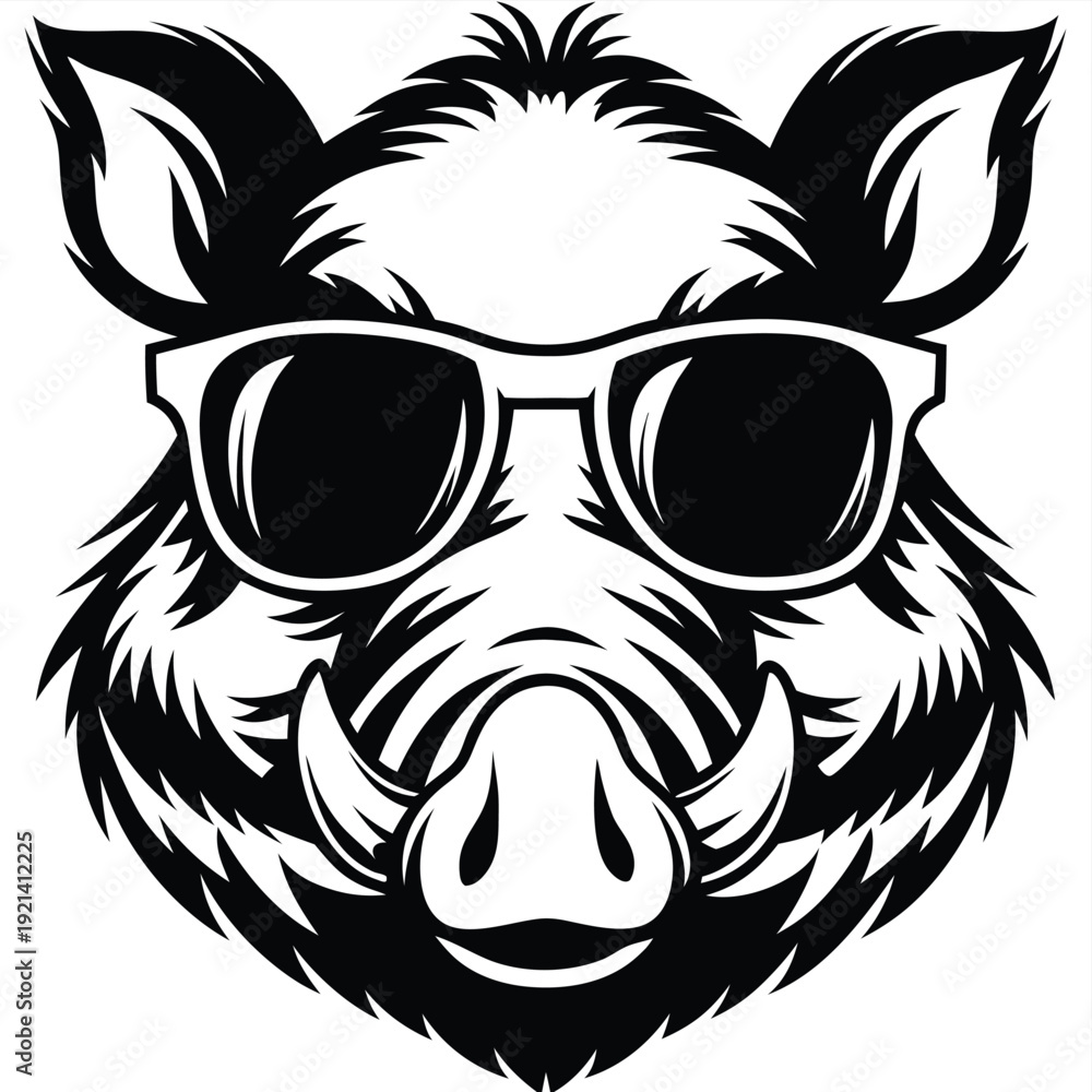 Obraz premium Front view of cool wild boar head with sunglasses is outlined in black
