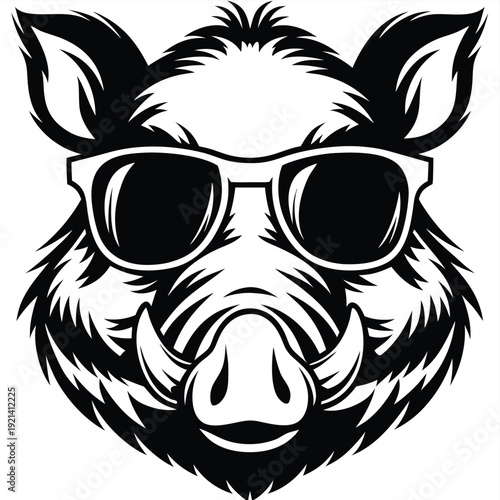 Front view of cool wild boar head with sunglasses is outlined in black