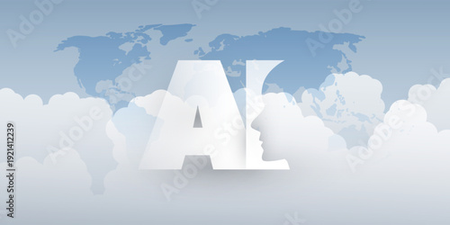 Grey and White Machine Learning, Artificial Intelligence, Cloud Computing and Global Networks Concept with World Map, Robot Face Profile, Clouds and Big AI Label - Vector Design on Gray Background