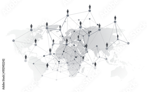 Black and White Networks, Business Connections, Connected People, Businessmen Nodes of Polygonal Network Mesh - Grey Wireframe, Social Media Concept Design - World Map Isolated on White Background