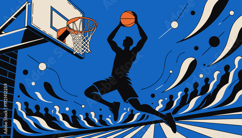 Powerful silhouette of a basketball player performing a slam dunk, capturing peak athletic motion, competitive intensity, and the thrilling atmosphere of championship court action.