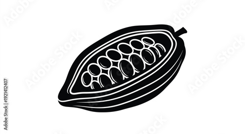 A detailed illustration of a cocoa pod in black silhouette