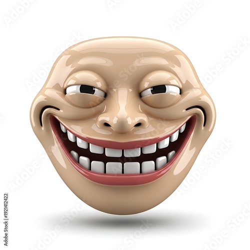 A mischievous 3D rendered troll face with a wide, exaggerated grin and squinting eyes expresses cunning, playful humor, and trickery.