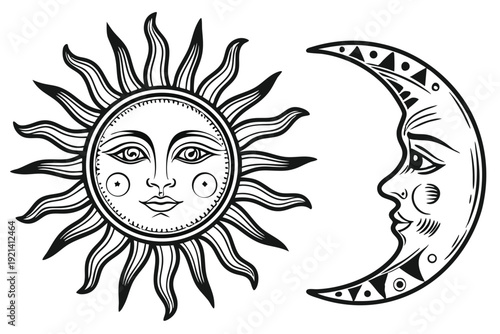 Stylized sun with closed eyes meets a crescent moon in black silhouette