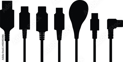 Black Silhouette of Various Electronic Cable Connectors and USB Port Plugs Collection Isolated on White Background for Computer Technology Hardware Design