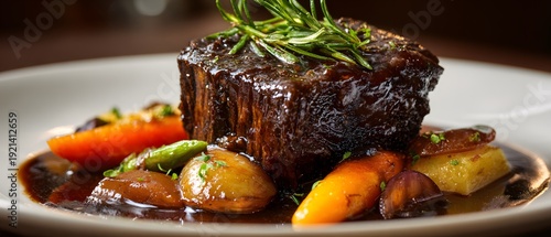 Gourmet Braised Meat Dish with Roasted Vegetables and Rich Sauce