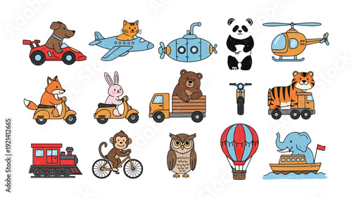 Whimsical Animal Transportation: A playful collection of charming cartoon animals embarking on exciting journeys, each navigating a unique mode of transportation, sparking joy and wonder.