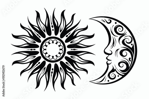 Black celestial sun and moon with face showcase vintage elegance against white