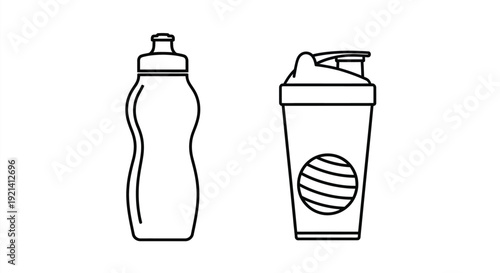 Simple line drawing depicts a water bottle and protein shaker silhouette
