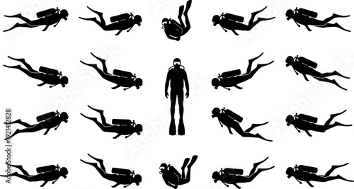 Large set of black scuba diver silhouettes in various swimming and diving poses isolated on white background for underwater adventure and sport design (23 words)