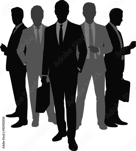 Business men silhouettes group, confident corporate executives in suits with briefcases isolated on white background professional illustration
