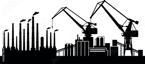 Industrial Factory Plant Silhouette with Smoking Chimneys and Cargo Cranes Vector Illustration for Manufacturing Logistics Energy Production and Heavy Industry Development Concept