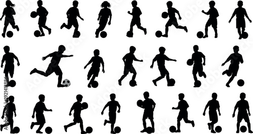 Large set of black silhouettes showing diverse young children and kids playing soccer football dribbling running and kicking ball on white background