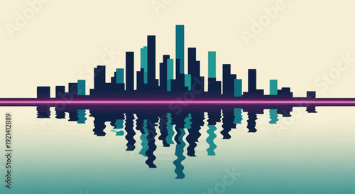 City skyline at sunset with colorful buildings reflected in calm water urban landscape