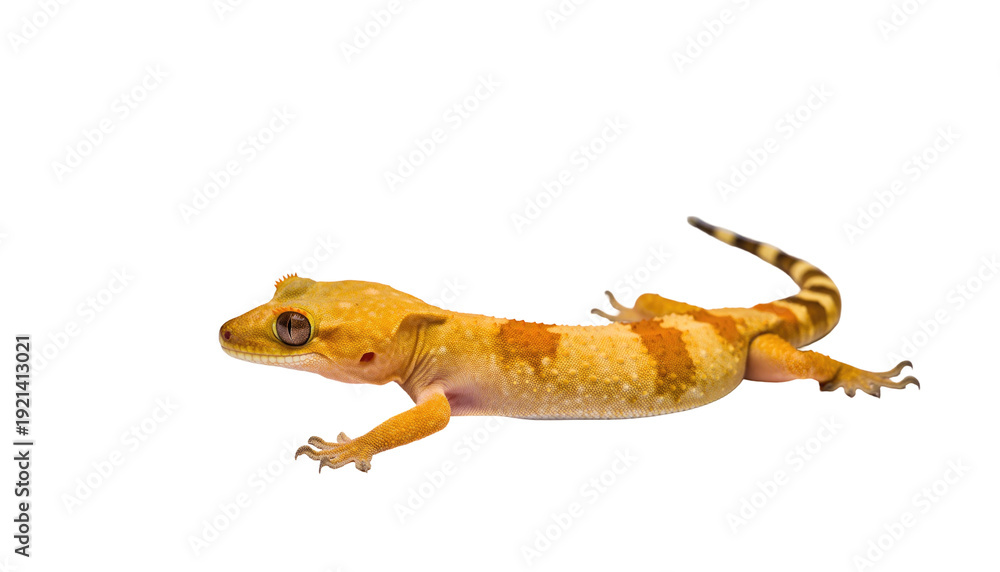 Obraz premium A small gecko with orange and brown markings, laying on a black surface