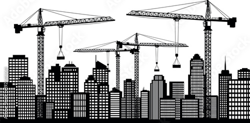 Modern city skyline silhouette with industrial tower cranes, building construction site, urban development concept, real estate growth, and architectural engineering project.