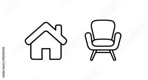 Simple line art depicts a house and chair black silhouette