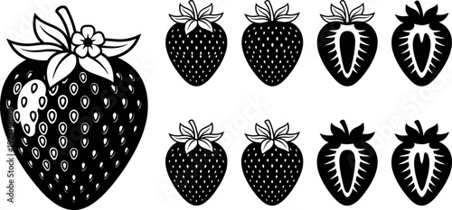 Set of black and white strawberry icons including whole berries and sliced fruit halves with leaves and flowers isolated on white background