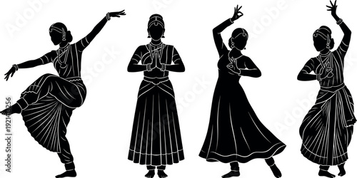 Set of Indian classical dancer silhouettes in traditional poses representing Bharatanatyam and Kathak dance forms with expressive mudras and cultural ethnic costumes