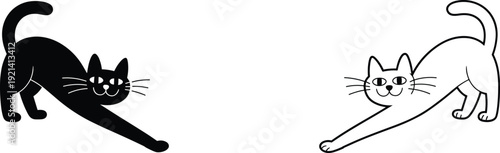 Black silhouette and line art of a cute cat stretching its body, feline yoga pose icons, isolated vector illustration set