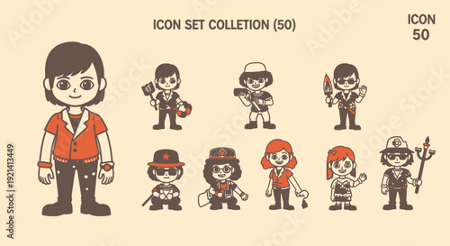 Collection of cartoon characters in various costumes and accessories depicted in a digital illustration