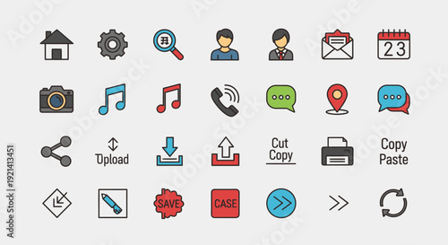 Essential set of vibrant, color-coded line icons, ideal for crafting intuitive user interfaces and enhancing conceptual navigation in contemporary digital experiences