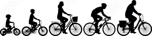 Silhouette set of people of different ages riding bicycles from childhood to senior age representing life cycle growth evolution and healthy lifestyle