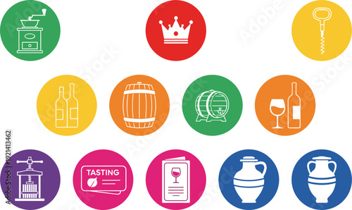 Wine and winery flat circle icons set with bottles barrel corkscrew tasting and vineyard elements