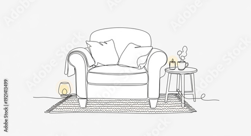 Cozy Armchair with Pillows and Side Table Sketch.