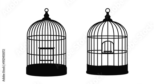 Two ornate birdcages depicted in a striking black silhouette