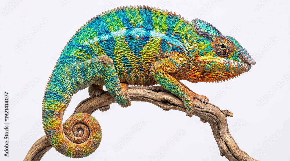 Obraz premium Vibrant chameleon perched on driftwood branch showcasing colorful scales