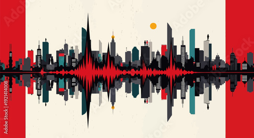 Vibrant cityscape with sound wave design on canadian flag background for music and urban concepts