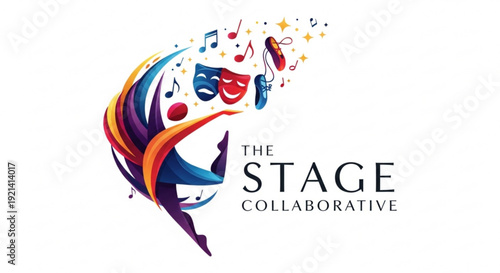 The stage collaborative logo with colorful masks and music notes on white background for theater and performance concepts