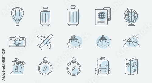 Collection of travel-themed icons depicting various elements of adventure and exploration from different viewpoints