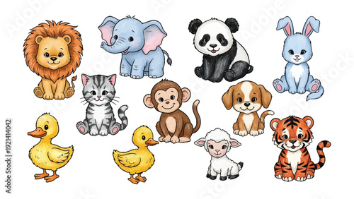 A Cuddle of Companions: An adorable assembly of hand-drawn animals. Each creature possesses its own unique charm, crafted with soft lines and a playful palette.