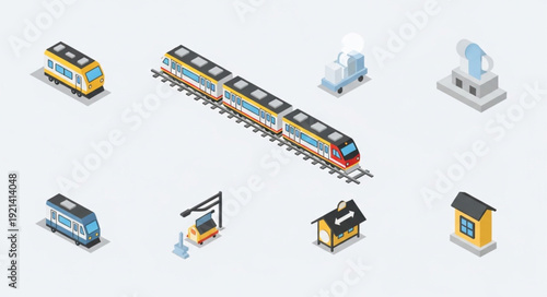 Collection of isometric train and station elements.